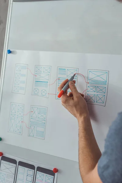 Vista recortada de diseños de aplicaciones de planificación de diseño con bocetos en la plantilla del sitio web móvil en pizarra blanca - foto de stock