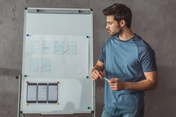 Side view of handsome designer planning website wireframe sketches for user experience design on whiteboard — Stock Photo