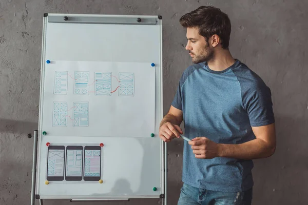 Seitenansicht der schönen Designer-Planung Website Wireframe-Skizzen für User Experience Design auf Whiteboard — Stockfoto