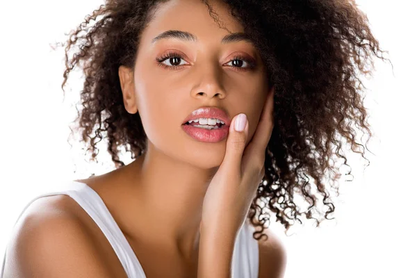 Attractive tender african american girl with braces, isolated on white — Stock Photo