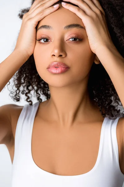 Portrait of attractive african american girl, isolated on grey — Stock Photo