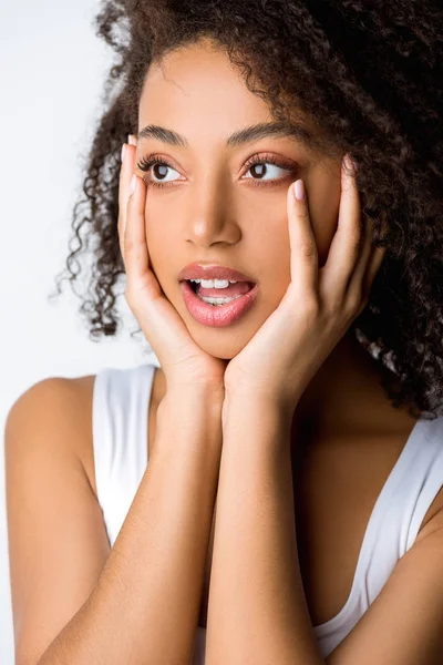 Portrait of shocked beautiful african american girl, isolated on grey — Stock Photo