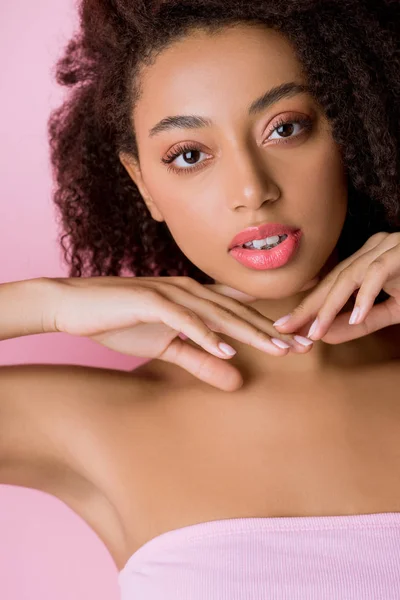Portrait of beautiful brunette african american girl, isolated on pink — Stock Photo