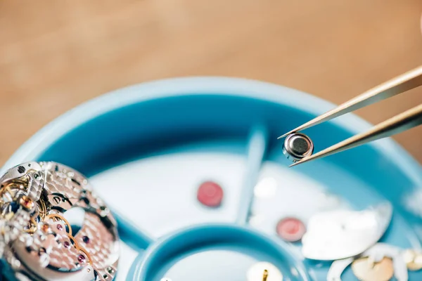 Close up view of watch part in tweezers with details in tool tray on table — Stock Photo