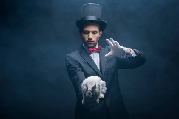 Emotional magician in suit and hat showing trick with white rabbit, dark room with smoke — Stock Photo