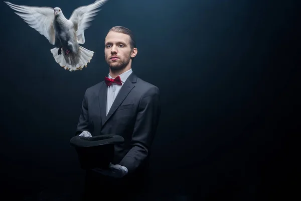 Young magician showing trick with dove, wand and hat in dark room with smoke — Stock Photo