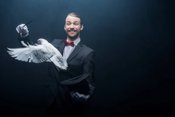 Magicien souriant montrant tour avec colombe, baguette et chapeau dans la pièce sombre avec de la fumée — Photo de stock