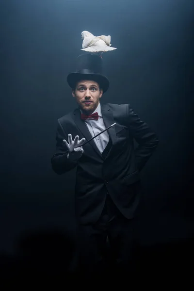 Emotional magician in hat with dove holding wand in dark room with smoke — Stock Photo