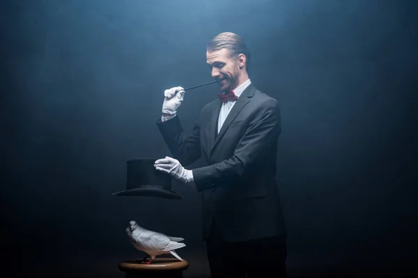 Joyful magician showing trick with dove, wand and hat in dark room with smoke — Stock Photo