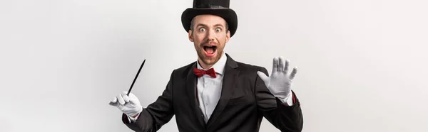 Panoramaaufnahme eines aufgeregten Zauberers in Anzug und Hut mit Zauberstab, isoliert auf grau — Stockfoto