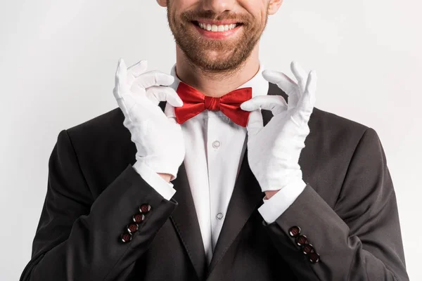 Vista recortada del mago sonriente con pajarita roja y guantes, aislado en gris - foto de stock