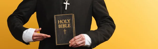 Частичный взгляд католического священника, указывающего пальцем на священную Библию, изолированную на желтом, панорамном снимке — стоковое фото