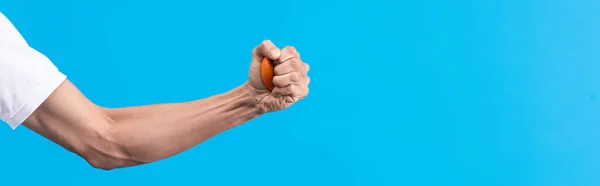 Tiro panorámico del hombre irritado apretando la bola de estrés en la mano, aislado en azul - foto de stock