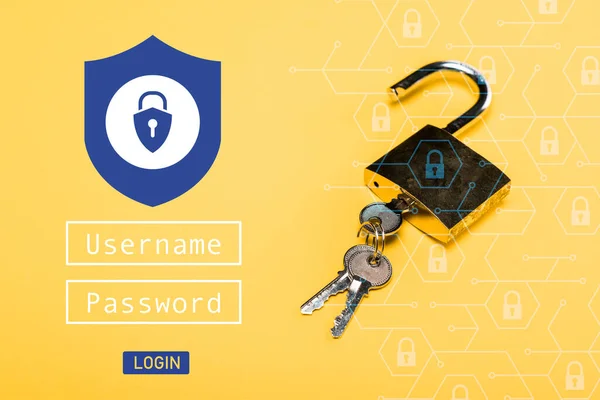 Lucchetto con chiavi vicino username, password e login lettering su giallo — Foto stock