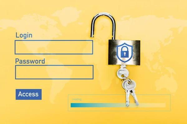 Top view of locker with keys near login, password and access lettering on yellow — Stock Photo