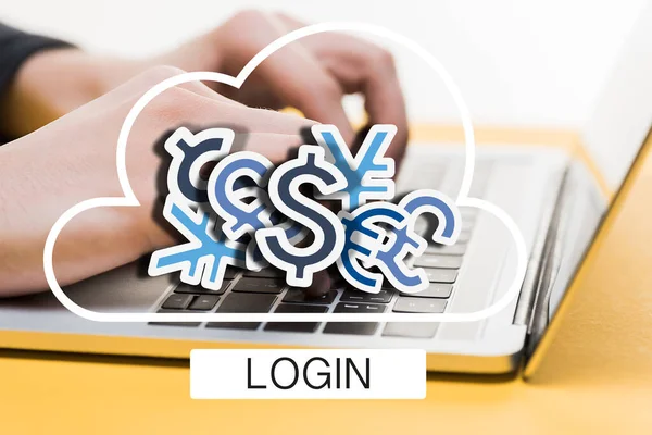 Close-up de hacker usando laptop perto de letras de login e sinais de dinheiro no branco — Fotografia de Stock