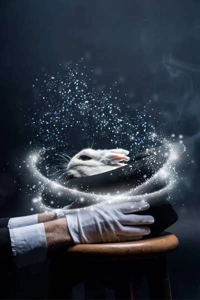 Partial view of magician in white gloves holding hat with rabbit, in dark room with smoke and glowing illustration — Stock Photo