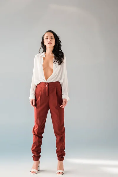 Attractive and sexy woman in shirt and trousers looking at camera on grey background — Stock Photo