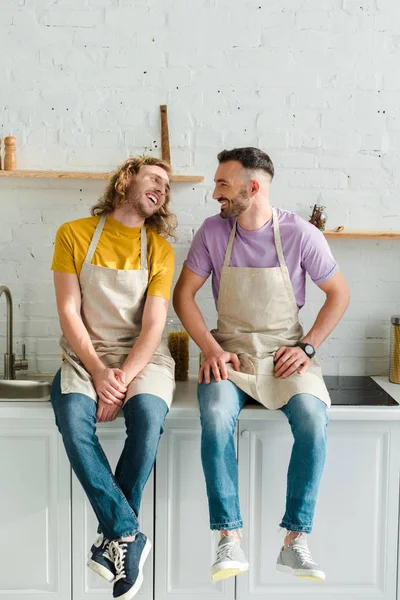 Счастливые гомосексуальные мужчины смотрят друг на друга, улыбаясь на кухне — стоковое фото