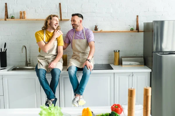 Избирательный фокус счастливых гомосексуальных мужчин, улыбающихся на кухне — стоковое фото