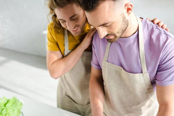 Cheerful homosexual men in aprons smiling at home — Stock Photo