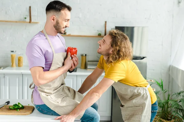 Heureux homosexuel homme regardant partenaire avec poivron rouge — Photo de stock