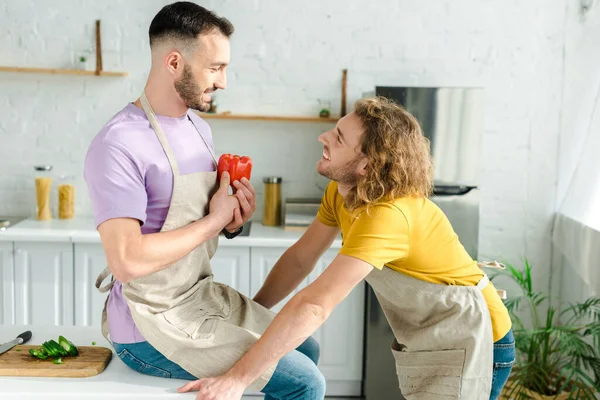 Homem homossexual feliz olhando para parceiro com pimentão vermelho — Fotografia de Stock