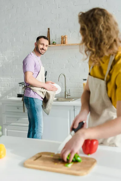 Messa a fuoco selettiva di allegro uomo omosessuale guardando il partner riccio durante il lavaggio piatto — Foto stock