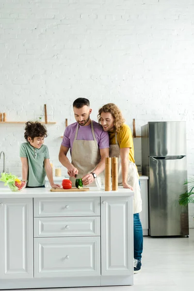 Homosexual men cooking near cute mixed race son — Stock Photo