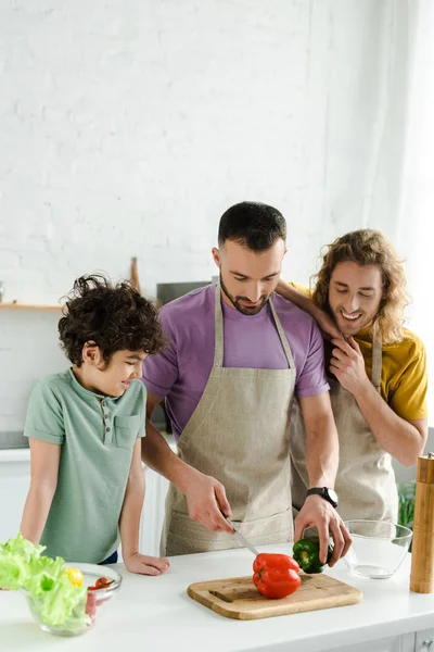 Homosexual hombres cocinar cerca feliz mestizo hijo - foto de stock