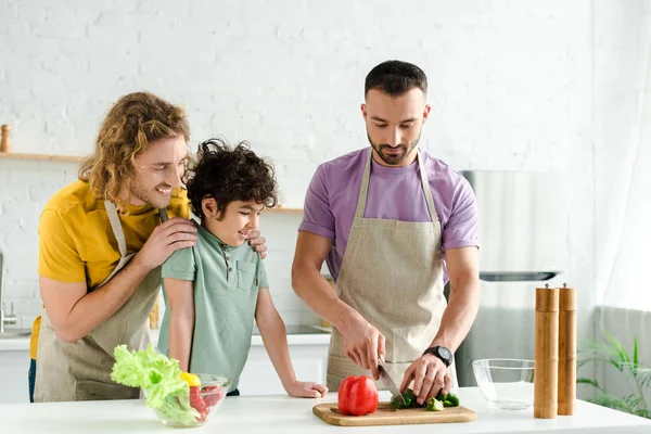 Heureux mélange race enfant près beau homosexuel parents dans la cuisine — Photo de stock