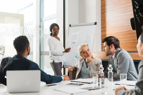 Atraente Africano americano empresária de pé perto flipchart com infográficos enquanto colegas multiculturais sentado na mesa — Fotografia de Stock