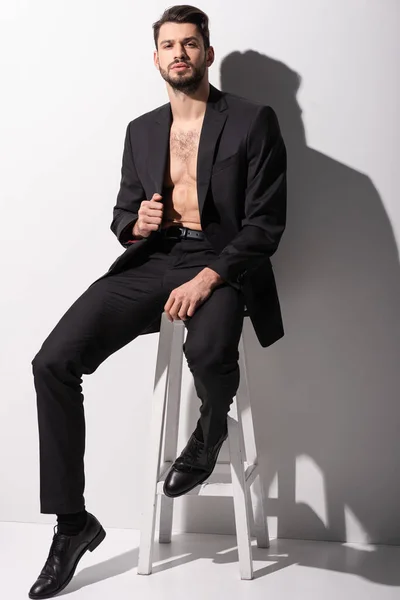 Hombre barbudo guapo sentado en la silla y mirando a la cámara en blanco - foto de stock