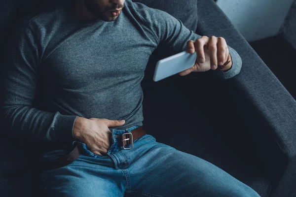 Hochwinkelaufnahme eines jungen Mannes beim Masturbieren, während er Pornografie auf dem Smartphone auf der Couch anschaut — Stockfoto