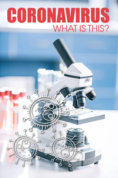 Selective focus of microscope near test tubes with samples and coronavirus illustration — Stock Photo