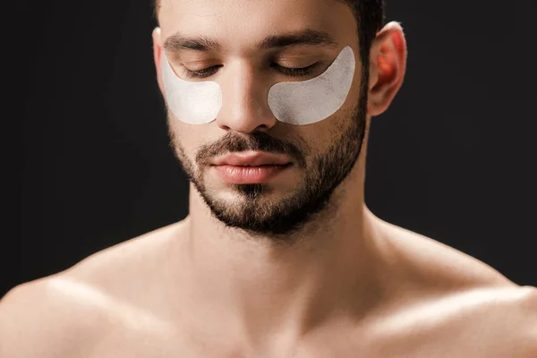 Homme nu barbu avec des bandeaux oculaires sur le visage isolé sur gris — Photo de stock
