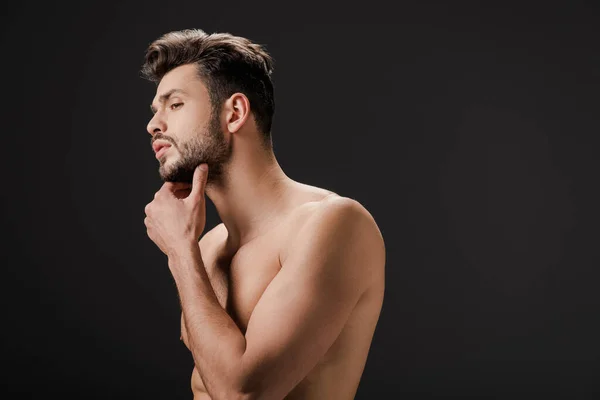 Handsome sexy naked man touching beard isolated on black — Stock Photo