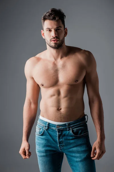 Guapo sexy musculoso hombre en jeans aislado en gris - foto de stock