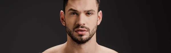 Plano panorámico de guapo seductor hombre desnudo aislado en negro - foto de stock