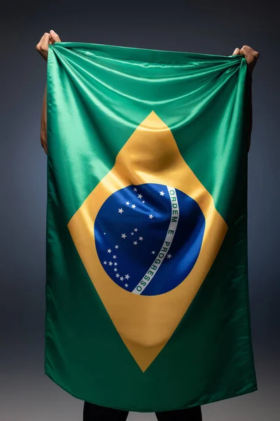 Back view de torcedor de futebol segurando bandeira brasileira em cinza — Fotografia de Stock