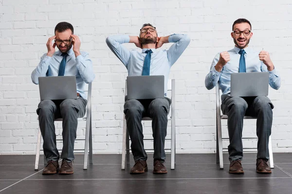 Collage of emotional businessman using laptop near brick wall, evolution concept — Stock Photo