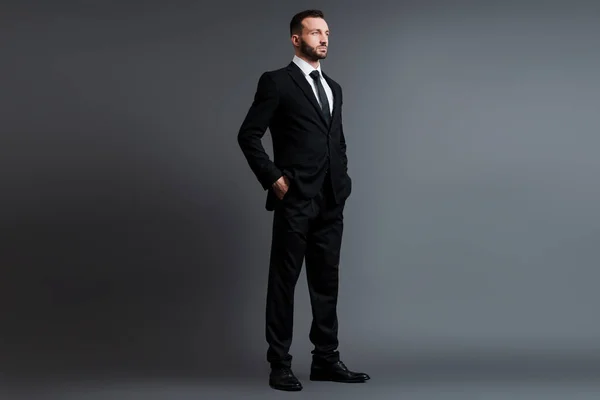 Handsome businessman in suit standing with hands in pockets on grey — Stock Photo