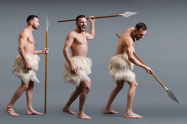 Collage of shirtless caveman with spear on grey, evolution concept — Stock Photo