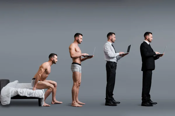 Collage von Mann auf Bett sitzend, stehend und Laptop in formaler Kleidung auf grau, Evolutionskonzept — Stockfoto