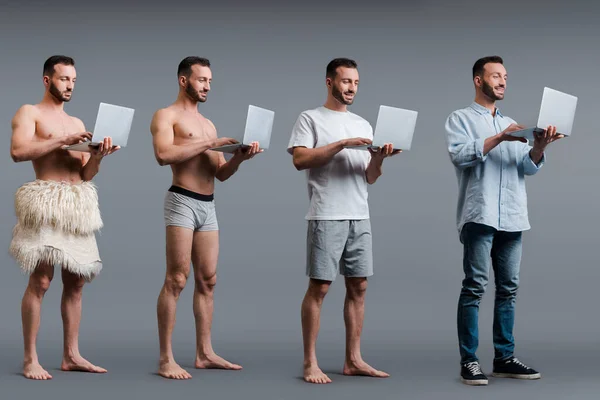 Colagem de homem das cavernas muscular, homem de boxer shorts e homem de negócios usando laptops em cinza, conceito de evolução — Fotografia de Stock