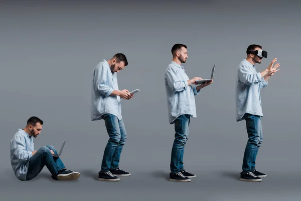 Collage de l'homme barbu à l'aide de gadgets sur gris, concept d'évolution — Photo de stock
