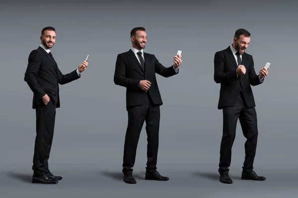 Collage de empresario feliz usando smartphone en gris, concepto de evolución - foto de stock