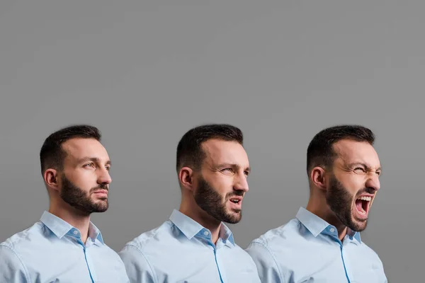 Collage de hombre emocional y barbudo gritando aislado en gris - foto de stock