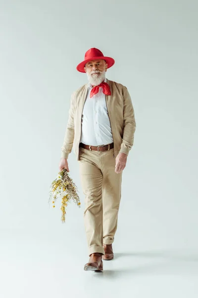 Pleine longueur d'un bel homme âgé portant un chapeau rouge tenant un bouquet de fleurs sauvages en marchant sur fond blanc — Photo de stock
