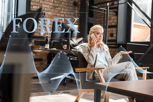 Selective focus of serious businesswoman sitting in armchair with open arm and talking on smartphone, forex illustration — Stock Photo
